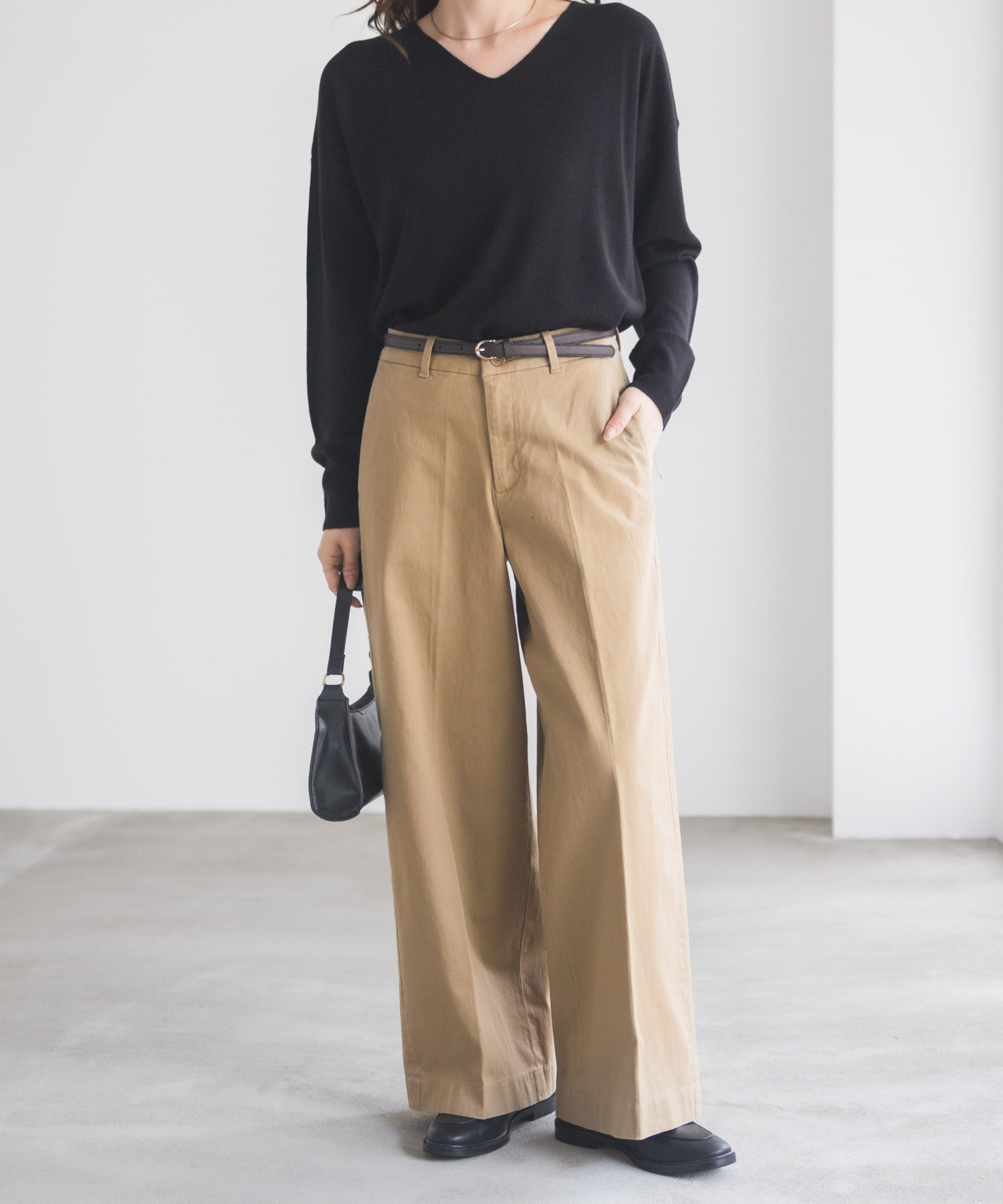 NAVY チノパンツ レディース ワイドパンツ ストレッチ フロントタック