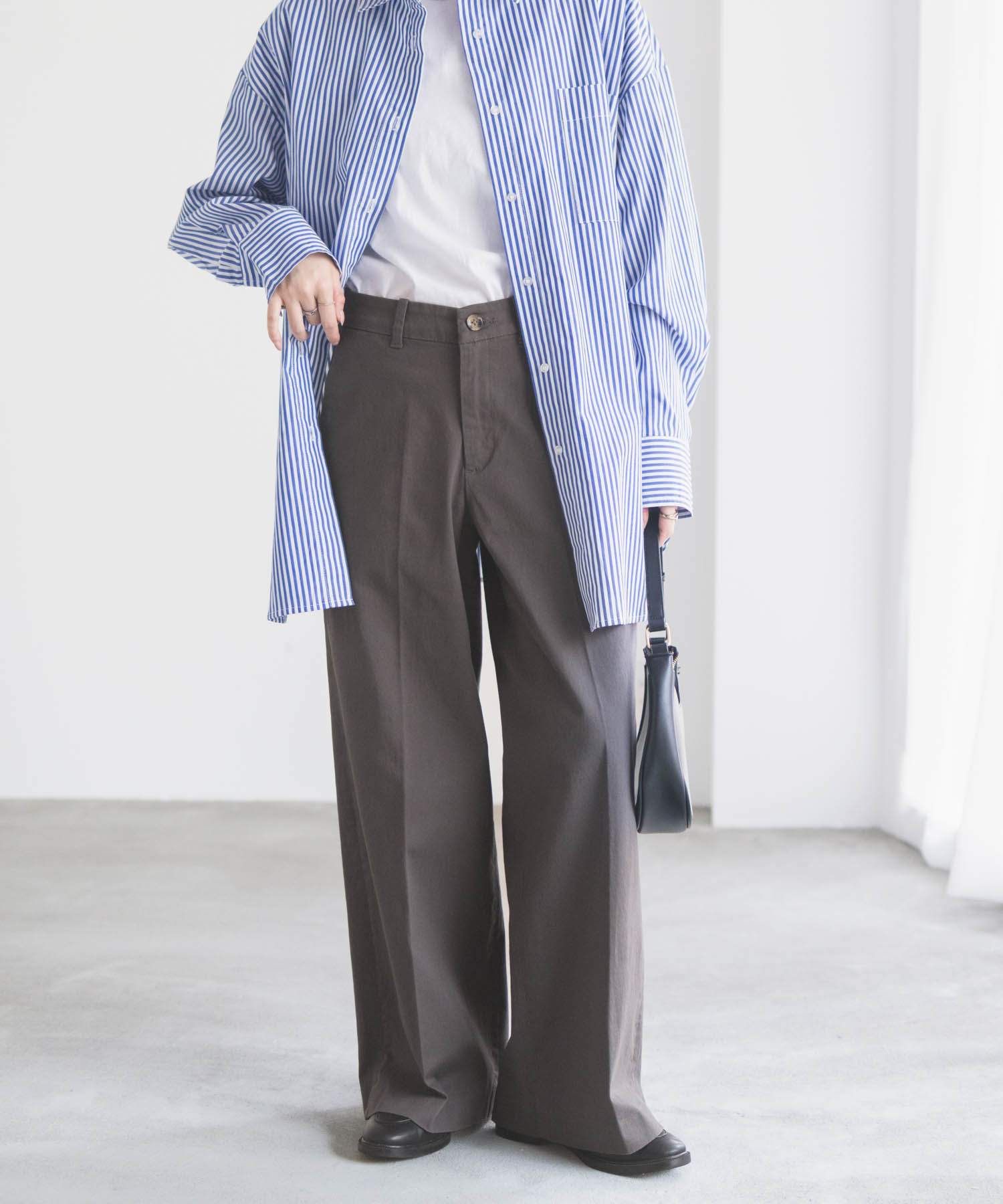 NAVY チノパンツ レディース ワイドパンツ ストレッチ フロントタック
