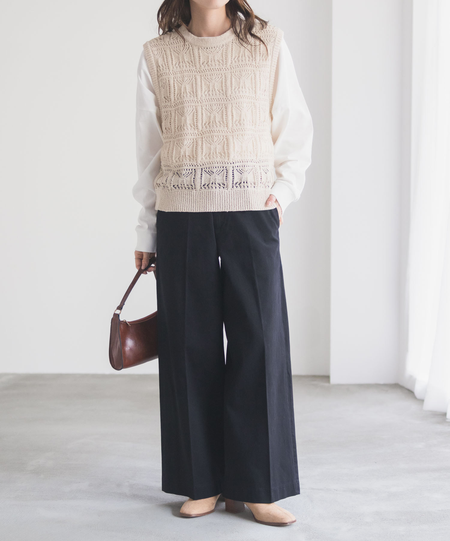 NAVY チノパンツ レディース ワイドパンツ ストレッチ フロントタック