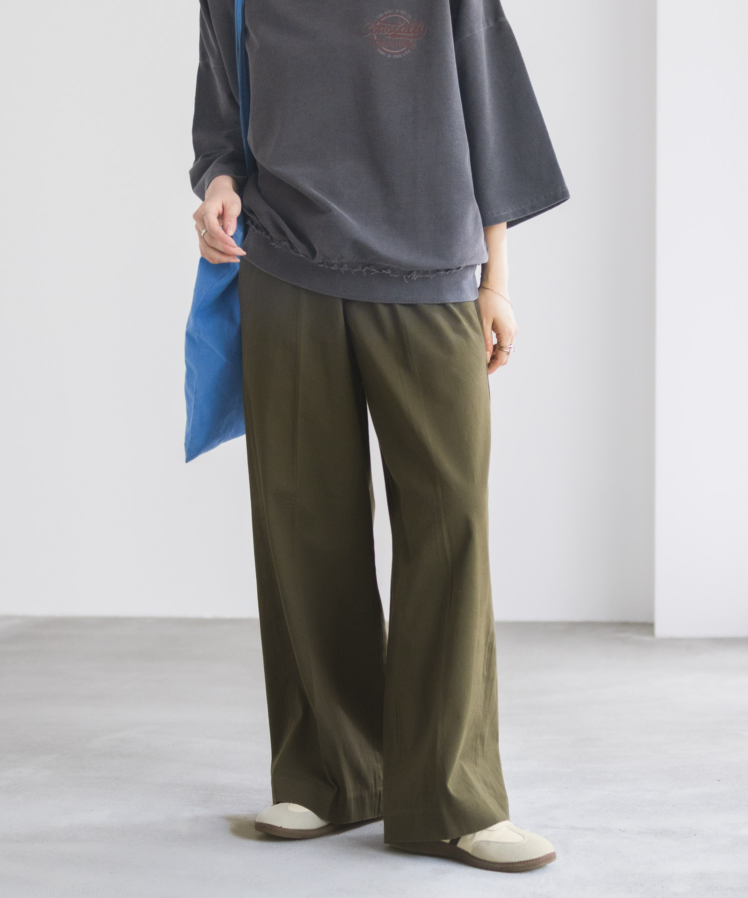 NAVY チノパンツ レディース ワイドパンツ ストレッチ フロントタック