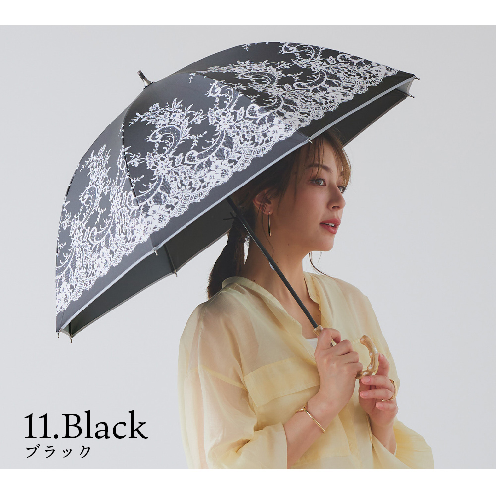 完全遮光 日傘  ショート傘 レース柄 竹手元 竹製ハンドル バンブーハンドル 遮光率100% UV遮蔽率100% 撥水加工 雨傘 紫外線カット UVカット 晴雨兼用 遮熱 | macocca | 06
