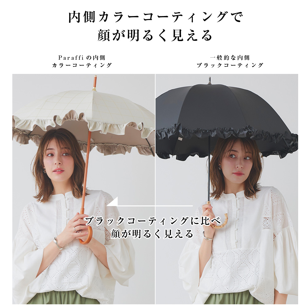 完全遮光 日傘 無地パラソル Paraffi(パラフィ)遮光率100% UV遮蔽率100% 木棒 木手元 木製ハンドル ショート傘 紫外線カット UVカット 遮熱 | macocca | 05