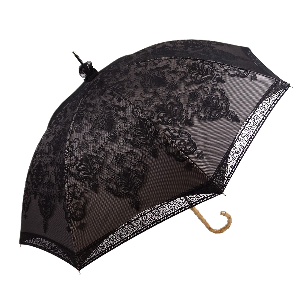 日傘二重レースダマスク柄長傘 遮光率100% UV遮蔽率99.9%以上 竹手元 長傘 竹製ハンドル 紫外線カット UVカット 晴雨兼用 遮熱 7446【母の日 ギフト】 | macocca | 01