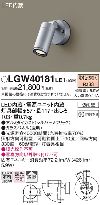 Panasonic（パナソニック） LGW40181 LE1 スポットライト 60形 拡散