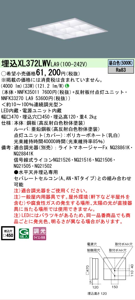 Panasonic（パナソニック） XL372LWVLA9 セット品内訳 NNFK35011
