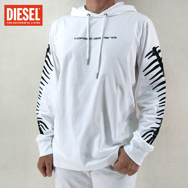 ディーゼル DIESEL メンズ フード付き長袖Tシャツ T-JUST-LS-HOOD-A6 A01875-OPATI / 100 / ホワイト 白  サイズ：L