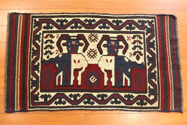 山羊柄 手織りキリム アフガニスタン産 タイマニ族作 140×80cm 手織り じゅうたん ラグ カーペット 新品 ウール アフガン KM5492