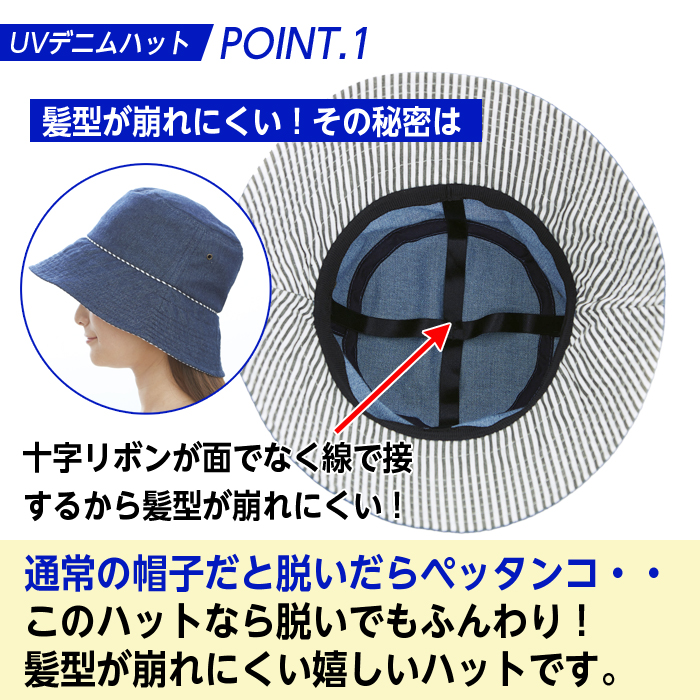 髪型崩れにくい デニムハット ツバ広 レディース 帽子 UVカット 黒