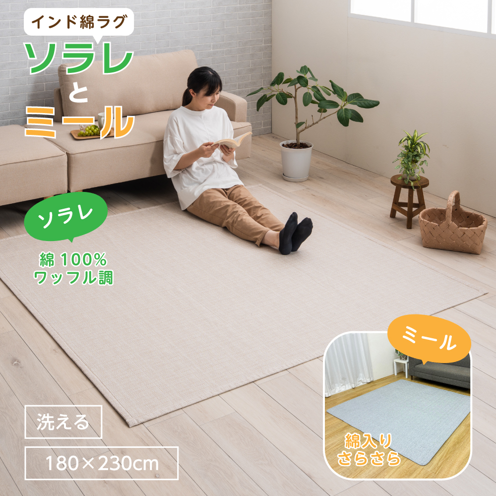 イケヒコ ラグ インド綿 ラグマット 洗える 夏用ラグ 180×230cm 3畳用