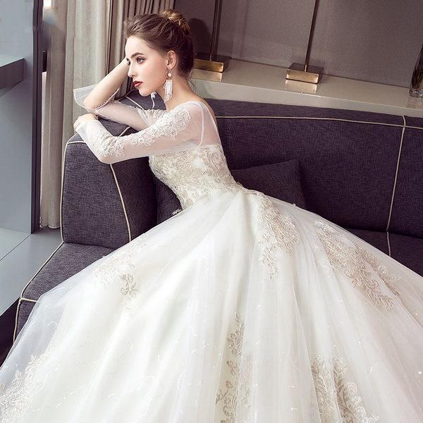ウェディングドレス ウェディングドレス白 パーティードレス 可愛いレース 長袖花嫁ロングドレス 結婚式 トレーンライン 二次会 エレガント お呼ばれ  挙式hs5455 ドレス、ブライダル
