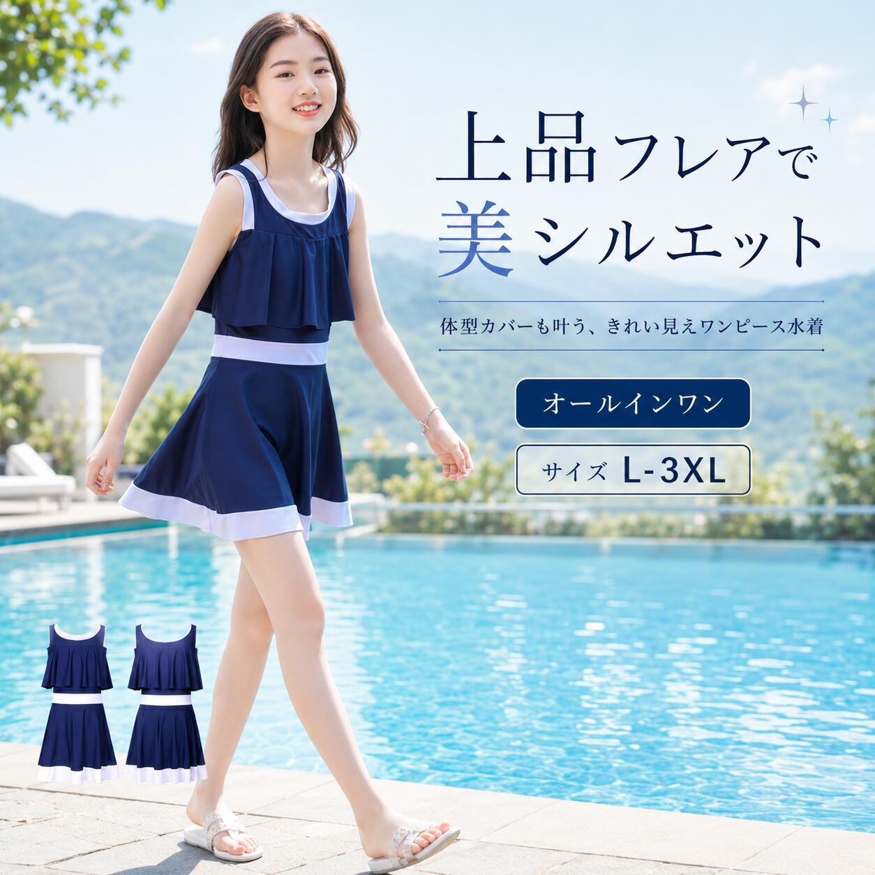 スクール水着 女子 スカート付き ワンピース 一体型 パンツ内蔵 大きい