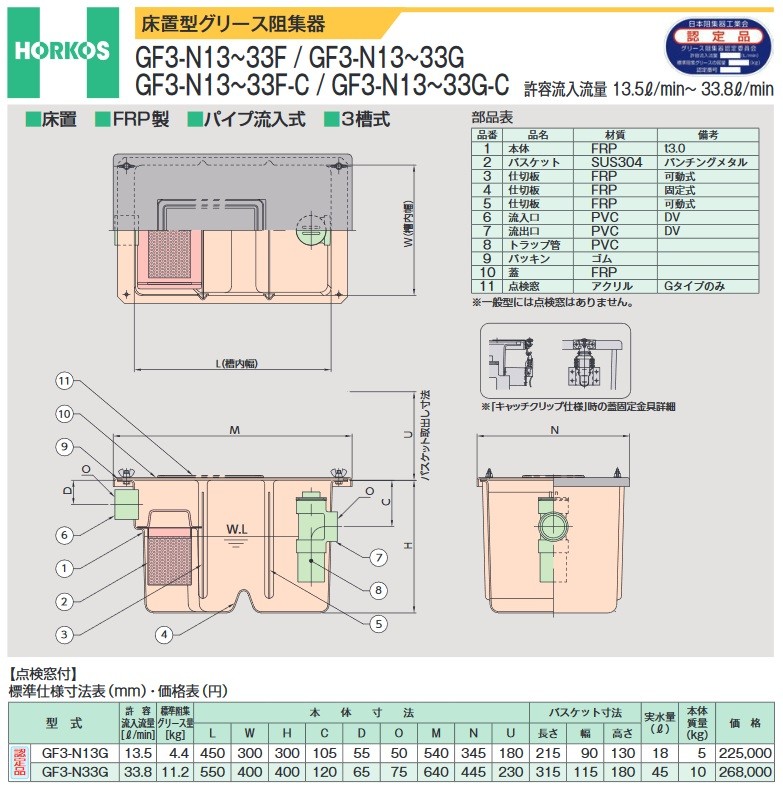 グリース阻集器 ホーコス　GF3-N13G　点検窓付 床置型 FRP製 パイプ流入式 3槽式 13.5L/min [♪]