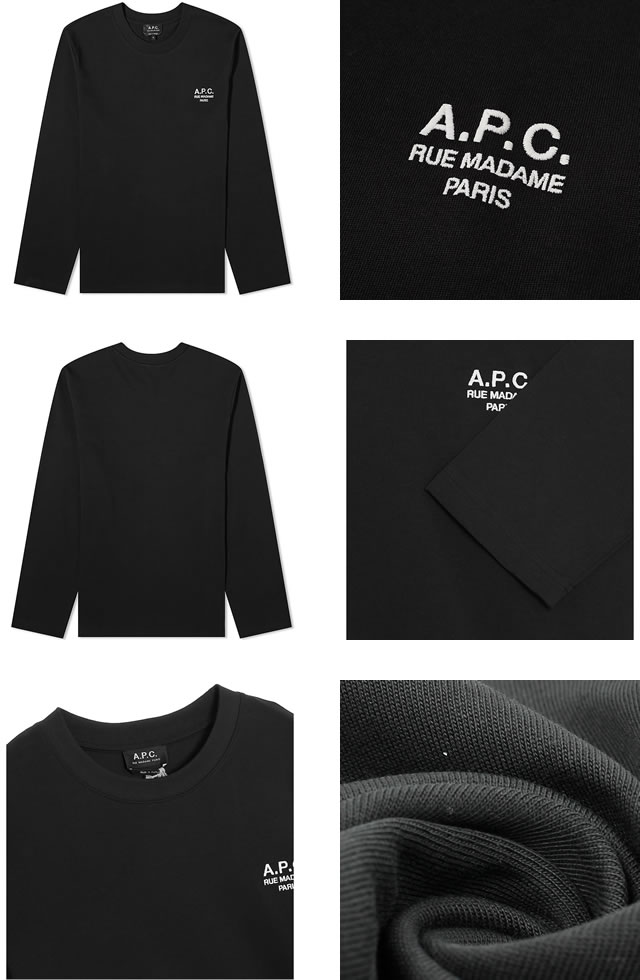 アーペーセー A.P.C. Tシャツ 長袖 ロンT オリバー ティーシャツ メンズ クルーネック 丸首 ロゴ 刺繍 ワンポイント コットン  大きいサイズ ブランド 黒 白