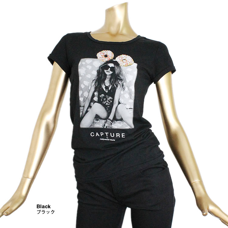 ハリウッドメイド HOLLYWOOD MADE レディース Tシャツ WOMEN'S T-SHIRT ブラック S 半袖 HOLLYWOOD MADE ハリウッドメイド CAPTURE by Hollywood Made T
