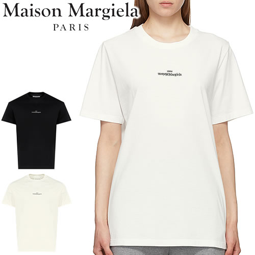 メゾンマルジェラ Maison Margiela Tシャツ ディストーティド ロゴ ティーシャツ レディース 刺繍 クルーネック 丸首 ブランド 白  黒 ホワイト ブラック