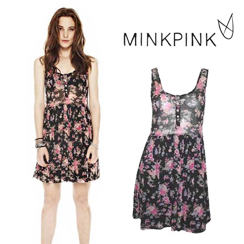 ミンクピンク MINK PINK ワンピース ノースリーブワンピース ミニワンピース フレアワンピース レディース 夏 きれいめ 花柄 大きいサイズ  おしゃれ 黒 ブラック