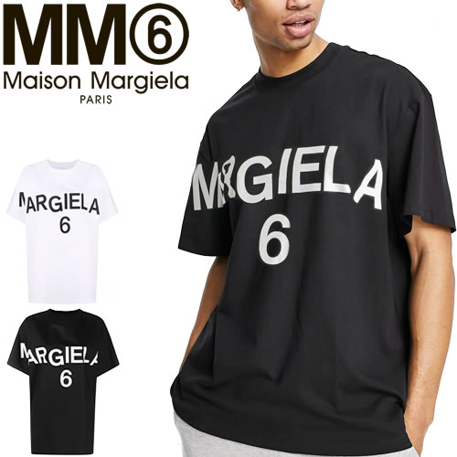 エムエムシックス メゾンマルジェラ MM6 Maison Margiela ロゴ プリント Tシャツ メンズ 半袖 オーバーサイズ ロゴ クルーネック  丸首 ブランド 白 黒