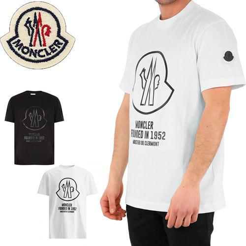 モンクレール MONCLER Tシャツ 8C00029 8390T メンズ 半袖 クルーネック 丸首 ロゴ ラバー ブランド 大きいサイズ 綿 黒 白  ブラック ホワイト