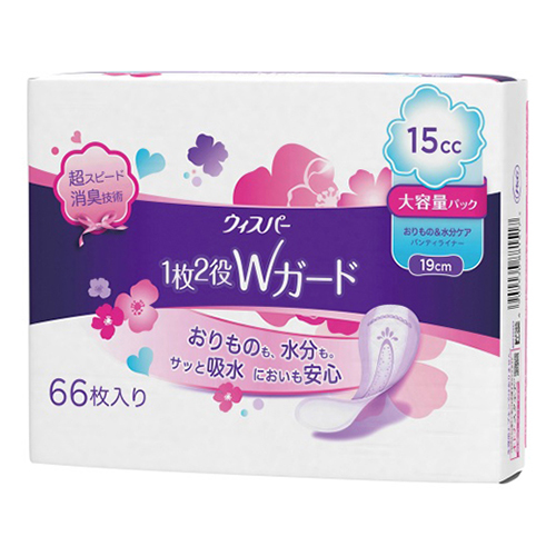 ウィスパー 1枚2役Wガード 女性用 吸水ケア 15cc 大容量パック(66枚入) 敏感肌 低刺激 生理用品 おりものシート  3cc 大容量パック におい スピード 消臭 横もれ