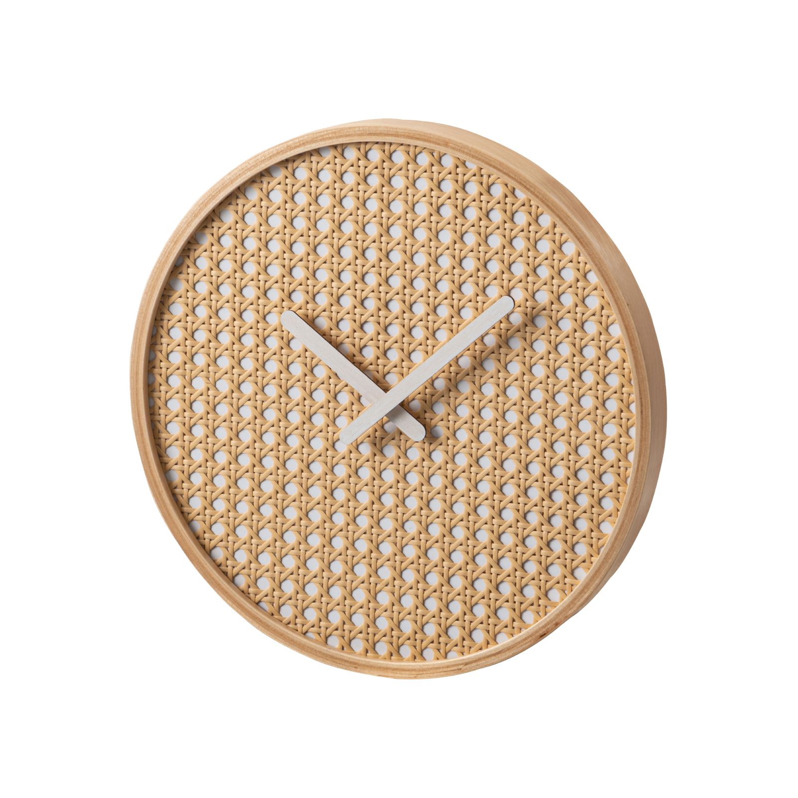 壁掛け時計 ウォールクロック 静音 静か 電池式 軽量 アナログ 円形 ウッド 木 木製 天然木 ラタン調 数字なし スイープムーブメント 薄型 フック リビング 寝室 | 東谷 | 02