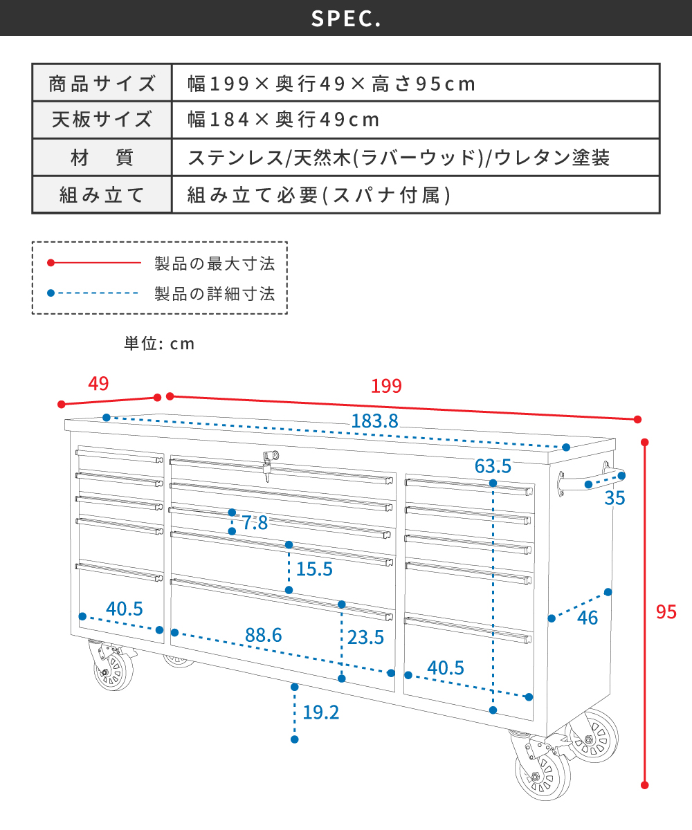 東谷 ツールキャビネット 幅199 木目 キャスター付き 移動 引き出し