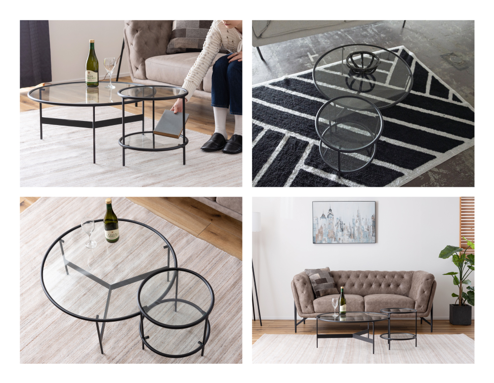 東谷 サイドテーブル ガラス ガラステーブル 2段 棚付き 収納付き 2段