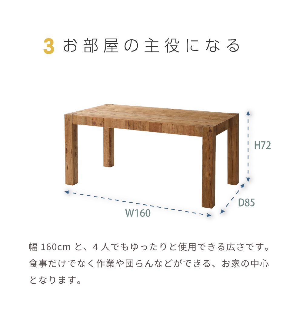 ダイニングテーブル 4人 2人 幅160 天然木 おしゃれ 単品 長方形 ハイテーブル パイン材 古材