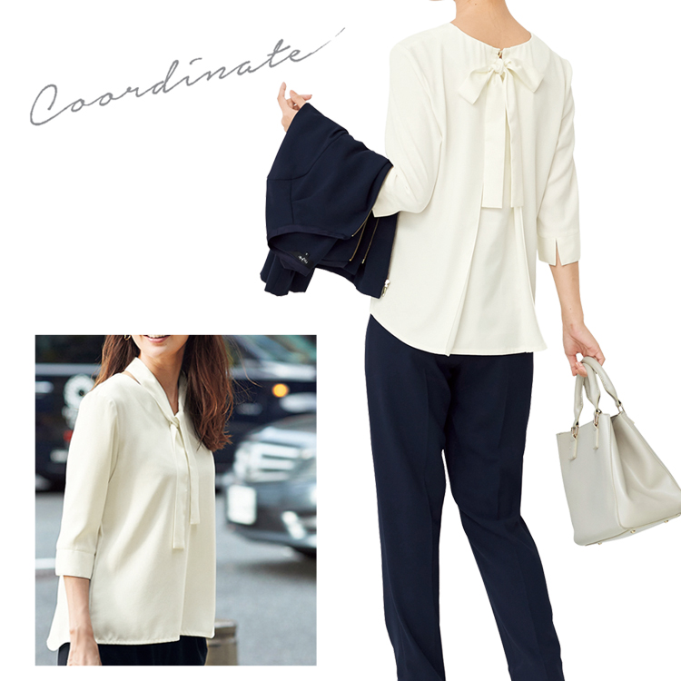 アンジョア レディース  七分袖 プルオーバー トップス カットソー 2WAY ボウタイ バックリボン UVカット オフィス 通勤服 事務服 就活 インナー ジョア 42000 ジョア アンジョア レディース 七分袖 プルオーバー トップス