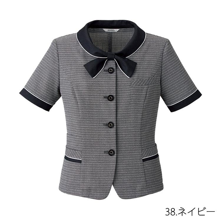 レディース 半袖 オーバーブラウス 春夏 定番 ノーカラー リボン ブルー ネイビー オフィス 事務服 制服 通勤 ボンオフィス AJ0850 エコ 消臭 接客業 受付 ボンマックス（ユニフォーム） レディース 半袖 オーバー