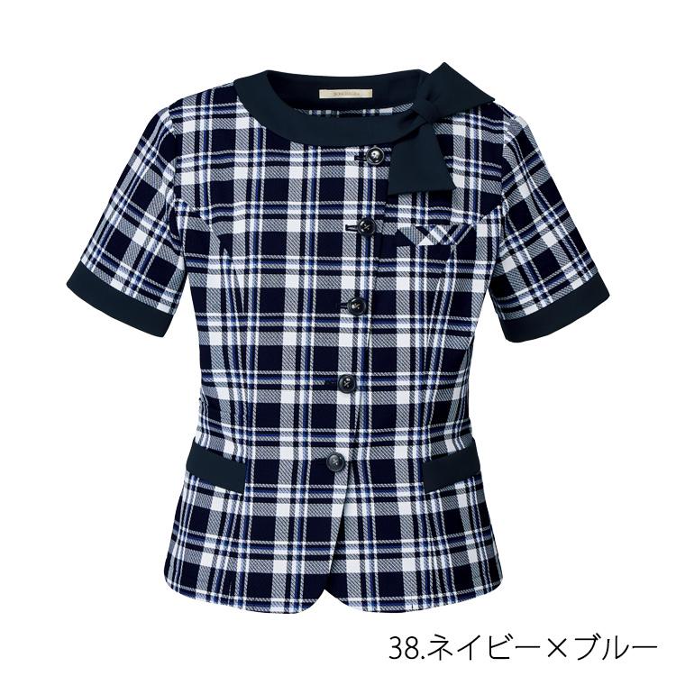 レディース 半袖 オーバーブラウス 春夏 定番 ノーカラー リボン ポリジン ネイビー ブルー チェック オフィス 事務服 制服 通勤 ボンオフィス BCJ0711 接客 ボンマックス（ユニフォーム） レディース 半袖 オーバー