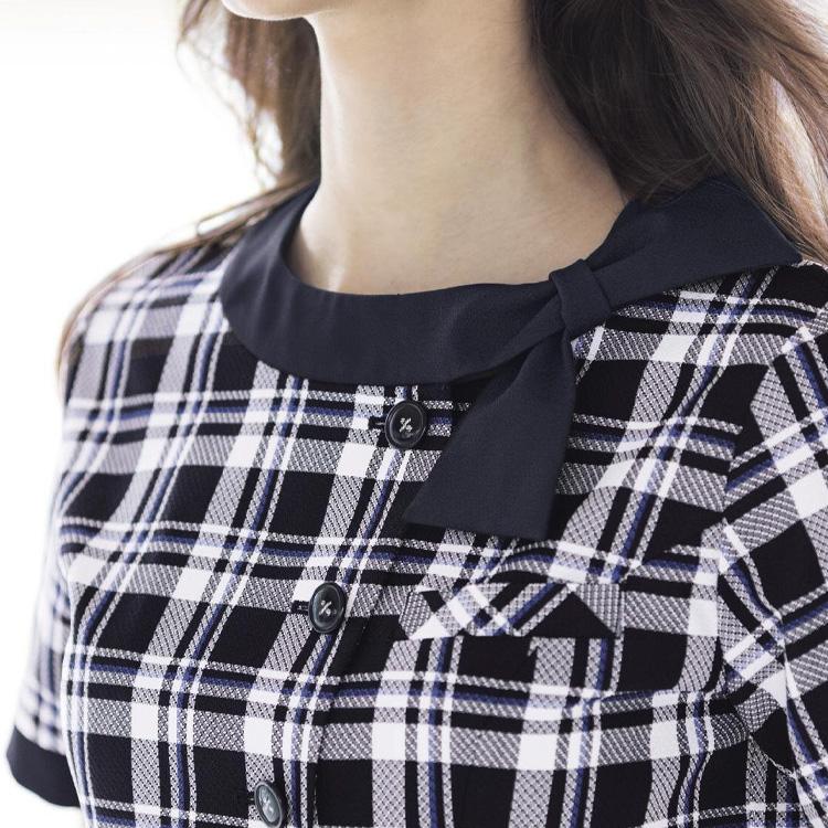 レディース 半袖 オーバーブラウス 春夏 定番 ノーカラー リボン ポリジン ネイビー ブルー チェック オフィス 事務服 制服 通勤 ボンオフィス BCJ0711 接客 ボンマックス（ユニフォーム） レディース 半袖 オーバー