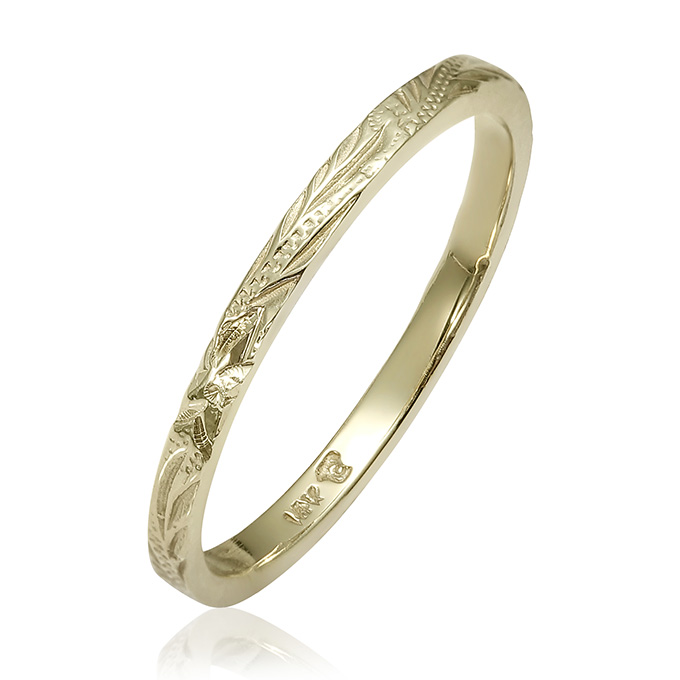 ハワイアンジュエリー jewelry ピンキーリング リング 指輪 幅2ミリ サイズ2号-14号 ゴールド 14金 14K グリーンゴールド 波  プルメリア ペアリング