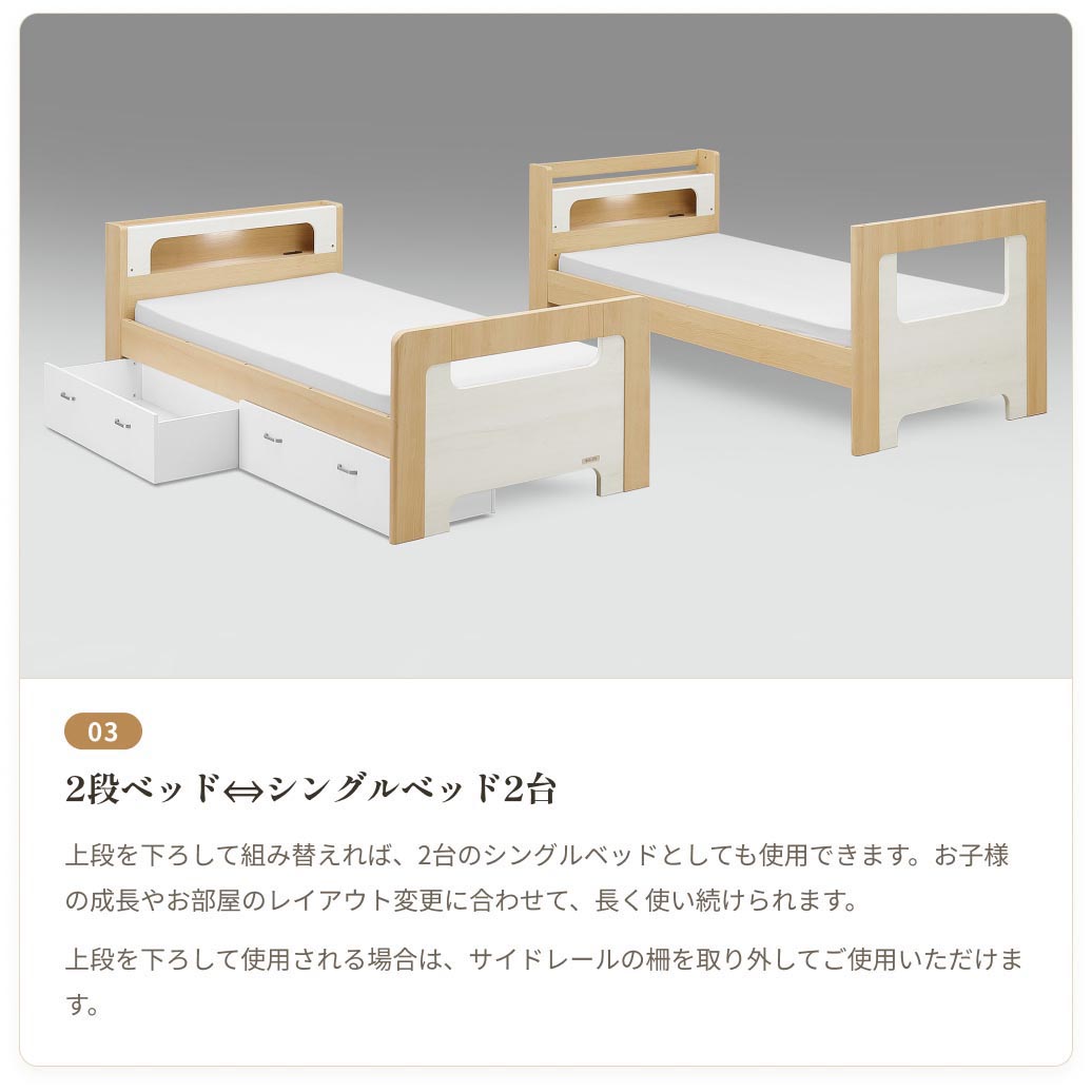 2段ベッド ミンキー すのこ 分割可能 シングル2台 LED照明付き コンセント付き 高耐荷重 宮付き｜二段ベッド スノコベッド すのこベット ベッドフレーム ベッド |  | 03