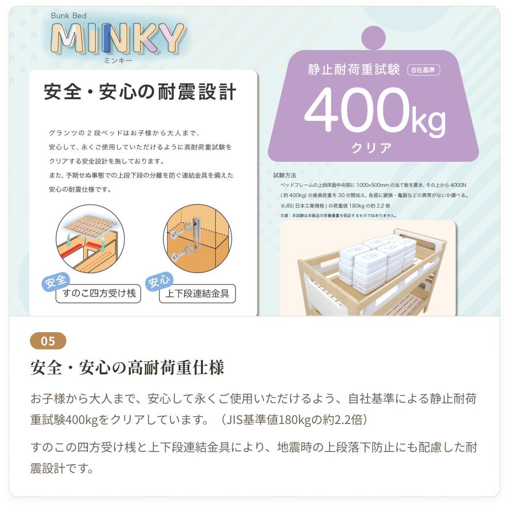 2段ベッド ミンキー すのこ 分割可能 シングル2台 LED照明付き コンセント付き 高耐荷重 宮付き｜二段ベッド スノコベッド すのこベット ベッドフレーム ベッド |  | 05