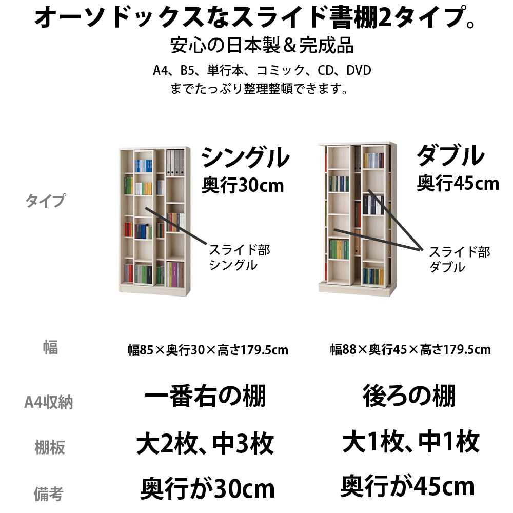 本棚 スライド 高さ180 a4 完成品 大容量 日本製 スライド本棚 書棚