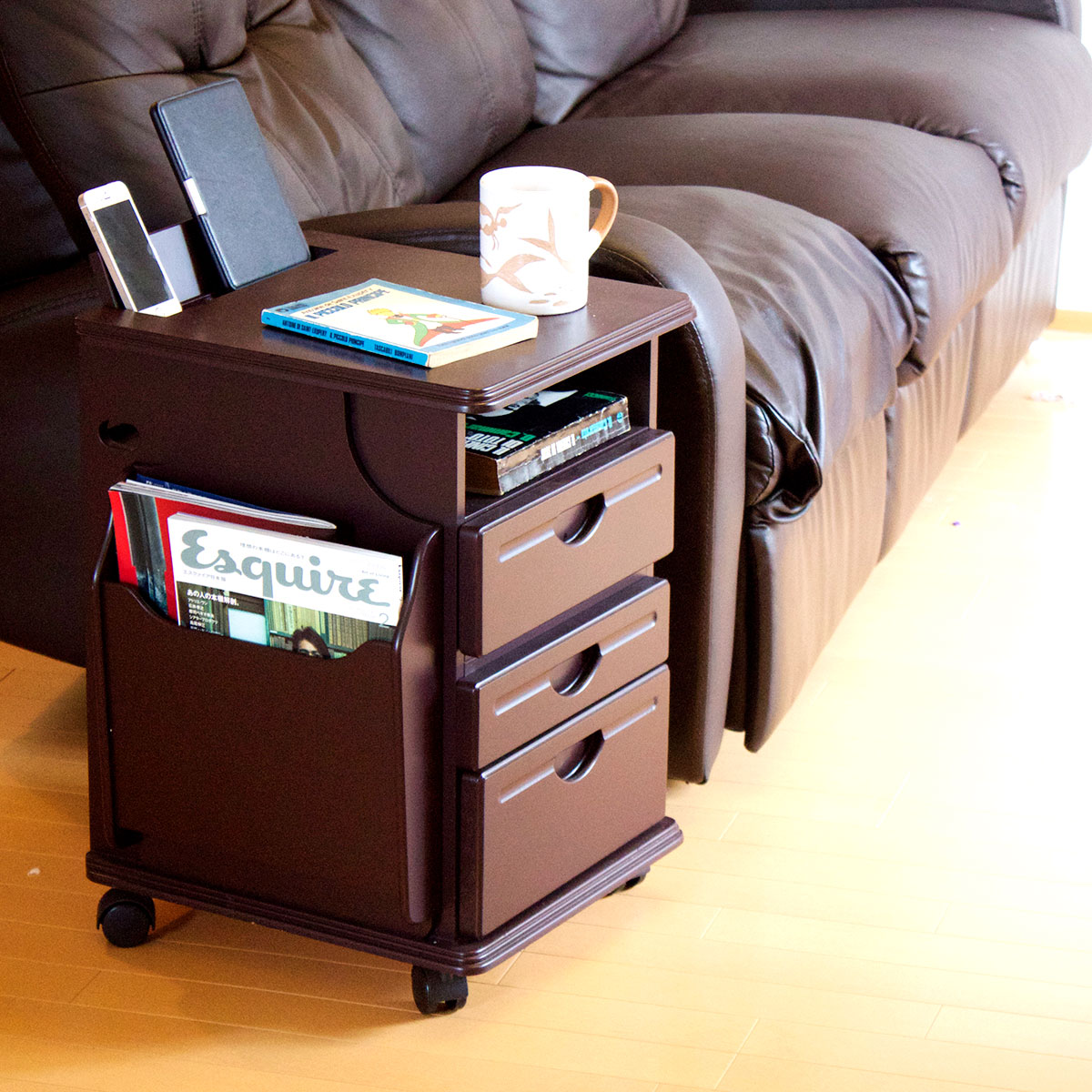 モバイルスタンド付多機能サイドテーブル  木目調ナチュラル チョコレートブラウン  リビングワゴンテーブル  ダークブラウン 多機能 | 