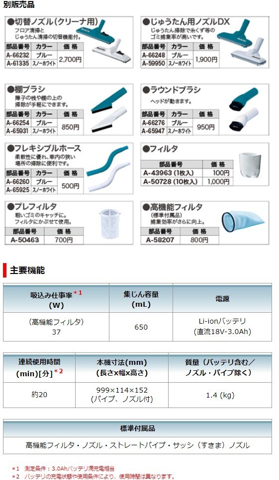 マキタ 【正規店】 充電式クリーナ CL180FDRFW・CL180FDRF