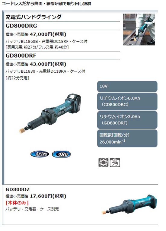 正規店】 マキタ 充電式ハンドグラインダ GD800DRG グラインダ 18v