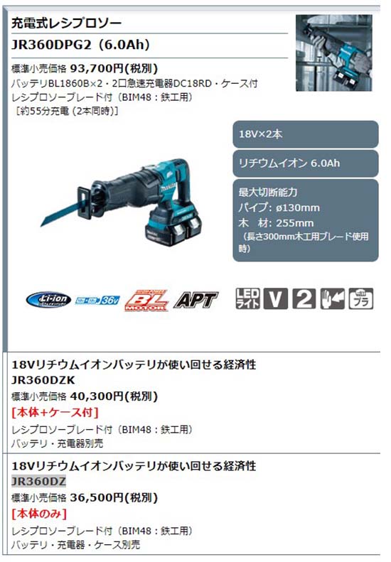 正規店】 マキタ 18V 2本 充電式レシプロソー JR360DZ 本体のみ