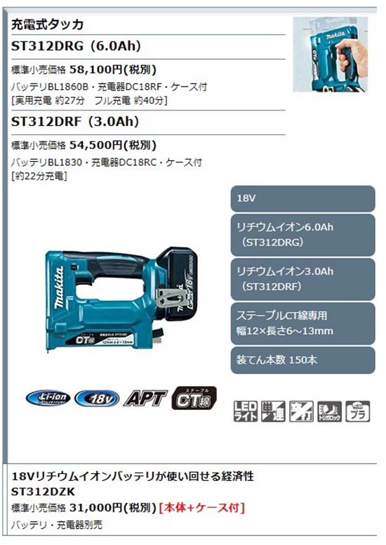 正規店】マキタ 充電式タッカ ST312DRG ステープルCT線専用 18V