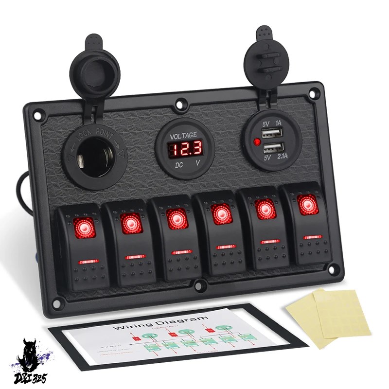 【互換品】 LEDディスプレイパネル デジタル電圧計 デュアルUSBアダプター ロッカー 6ギャング 12v 車船舶ボートアルミニウム 社外製 |  | 01