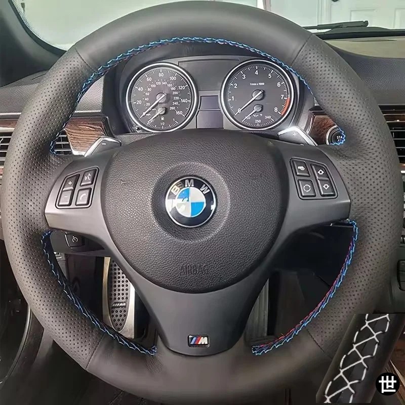 BMW E81 E90 パック M スポーツ M3 E91 E92 E93 E87 E82 E88 X1 E84 フルブラックレザーカーステアリングホイール編み込みソフトレザーカバー BMW E81 E90 パック M スポーツ M3 E91 E92 E93 E87 E82 E88 X1 E84 フルブラックレザーカーステアリングホイール編み込みソフトレザーカバー