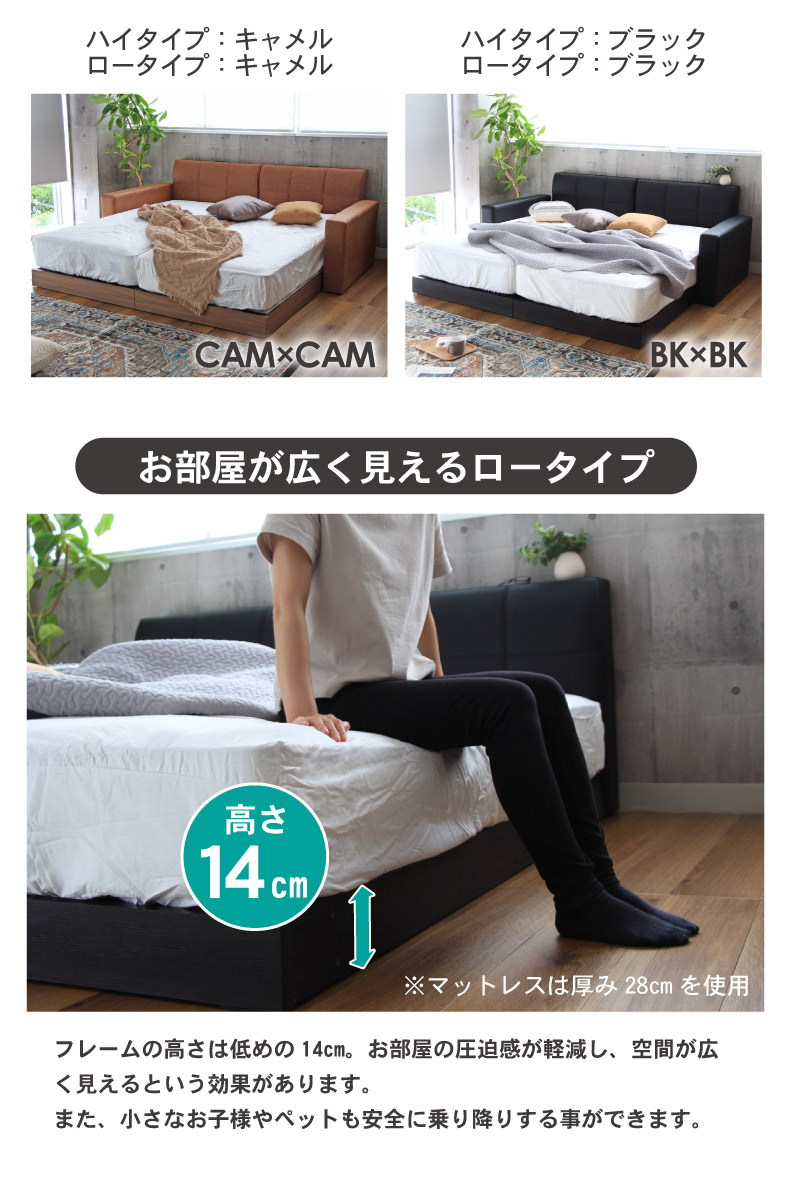シングル2台 親子ベッド ファミリーベッド ローベッド ファブリック キングサイズ コンセント付き すのこ アドリア (シングル×2 サイドヘッド×2)の機能