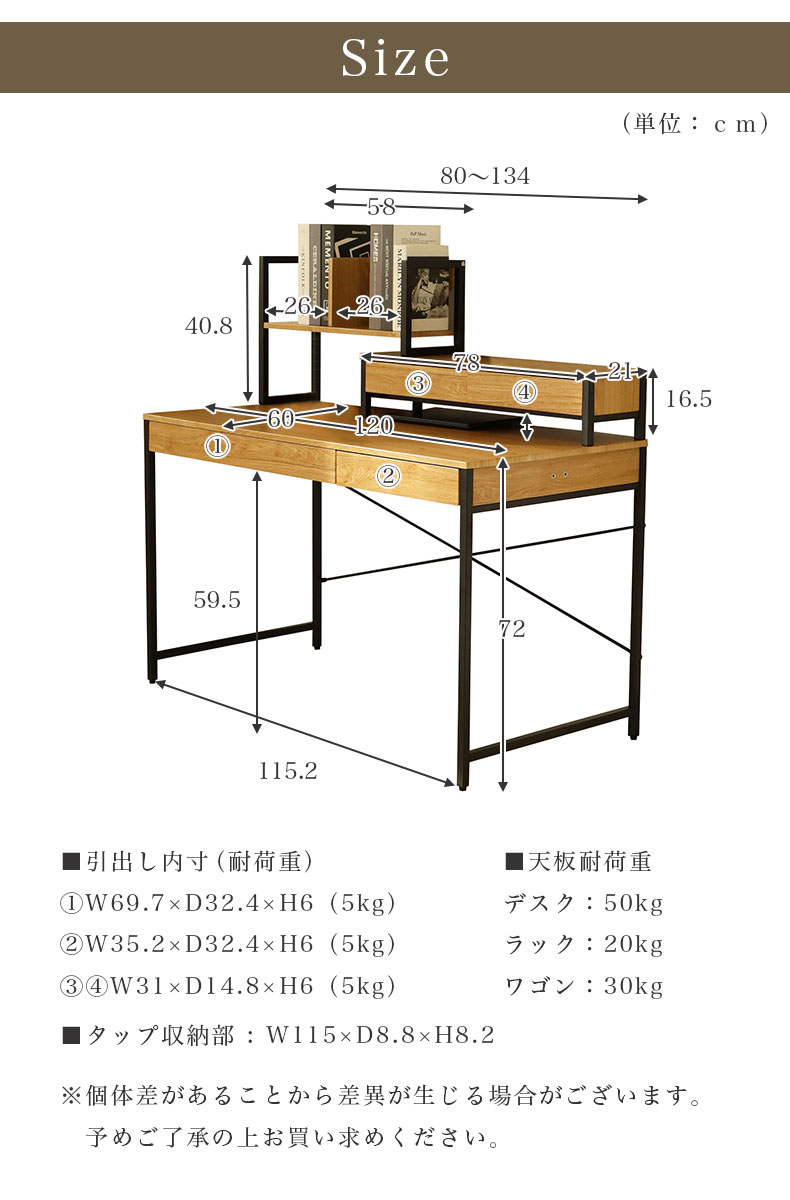 幅120cm デスク2点セット（ラック） エリックのサイズ