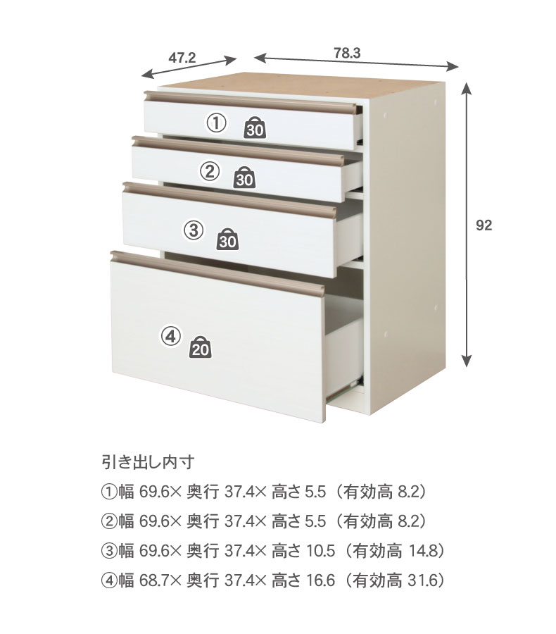 幅80cm 下台 4杯引出 カカロ2のサイズ