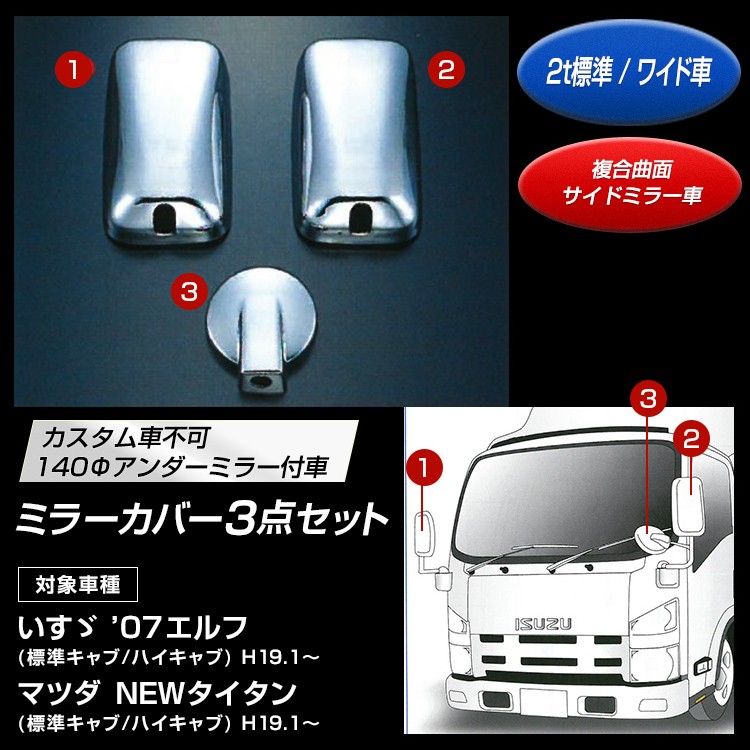 ミラーカバー3点セット いすゞ '07エルフ 標準キャブ 2t標準 140Φアンダーミラー付車 ワイド車 複合曲面サイドミラー車 マツダ ハイキャブ  NEWタイタン