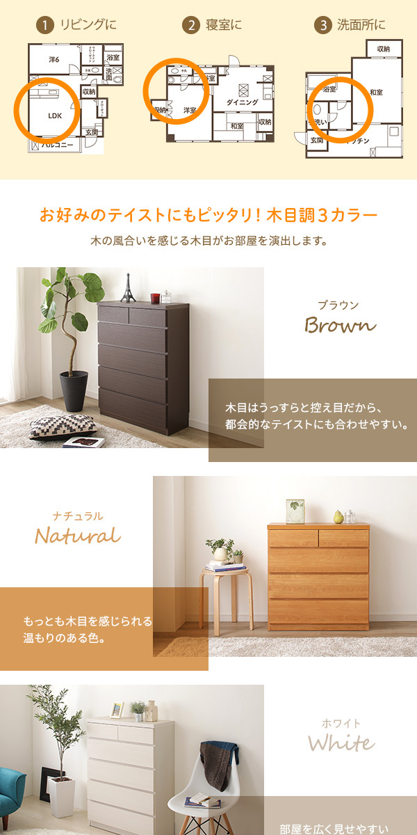 頑丈薄型チェスト/収納棚 〔5段 幅75cm ホワイト木目調〕 奥行