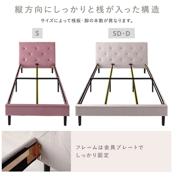 布張り ベッド シングル ベッドフレームのみ モーブピンク 脚付き