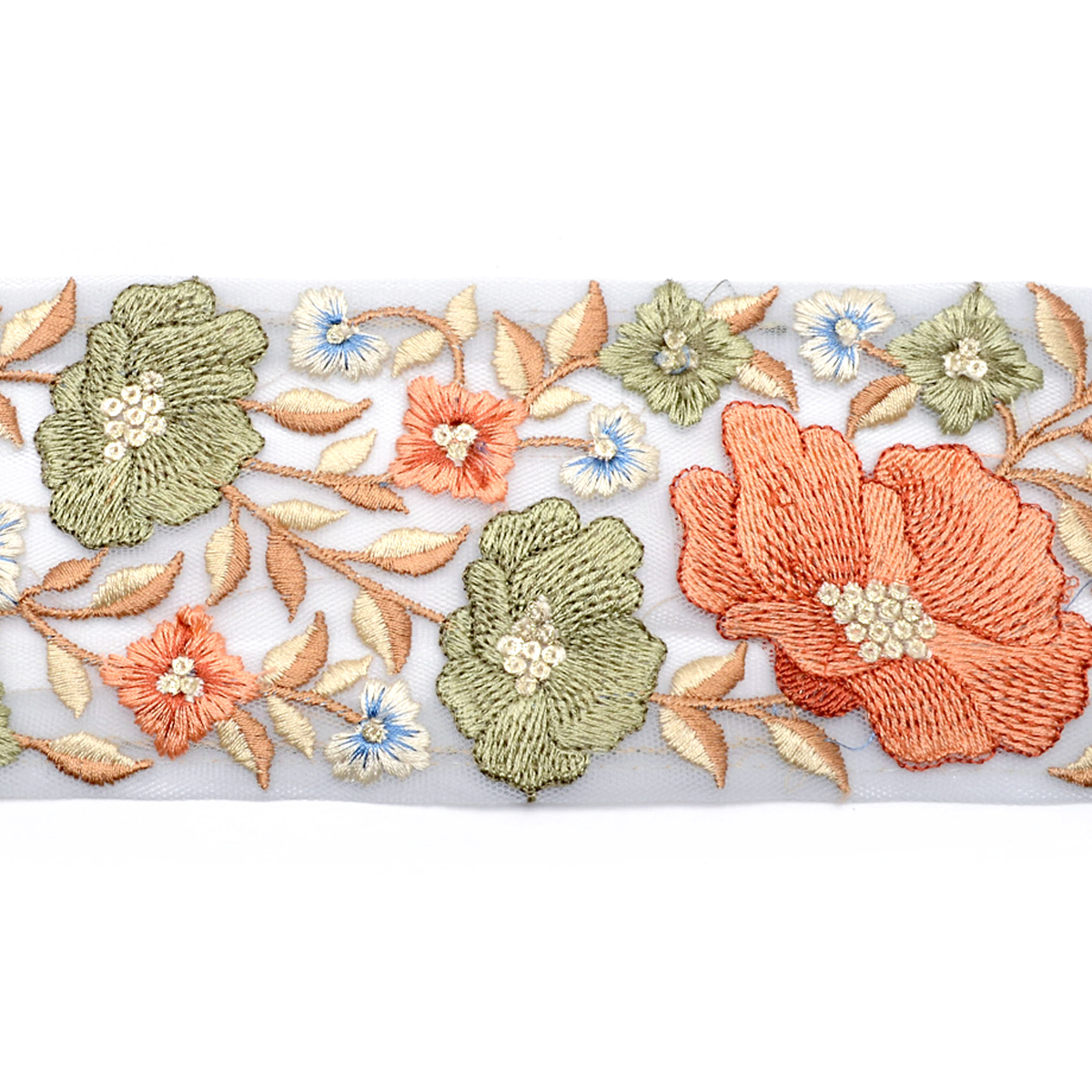 インド刺繍リボン ラメ糸と優雅なお花のシアー刺繍リボン 幅80mm 10cm 