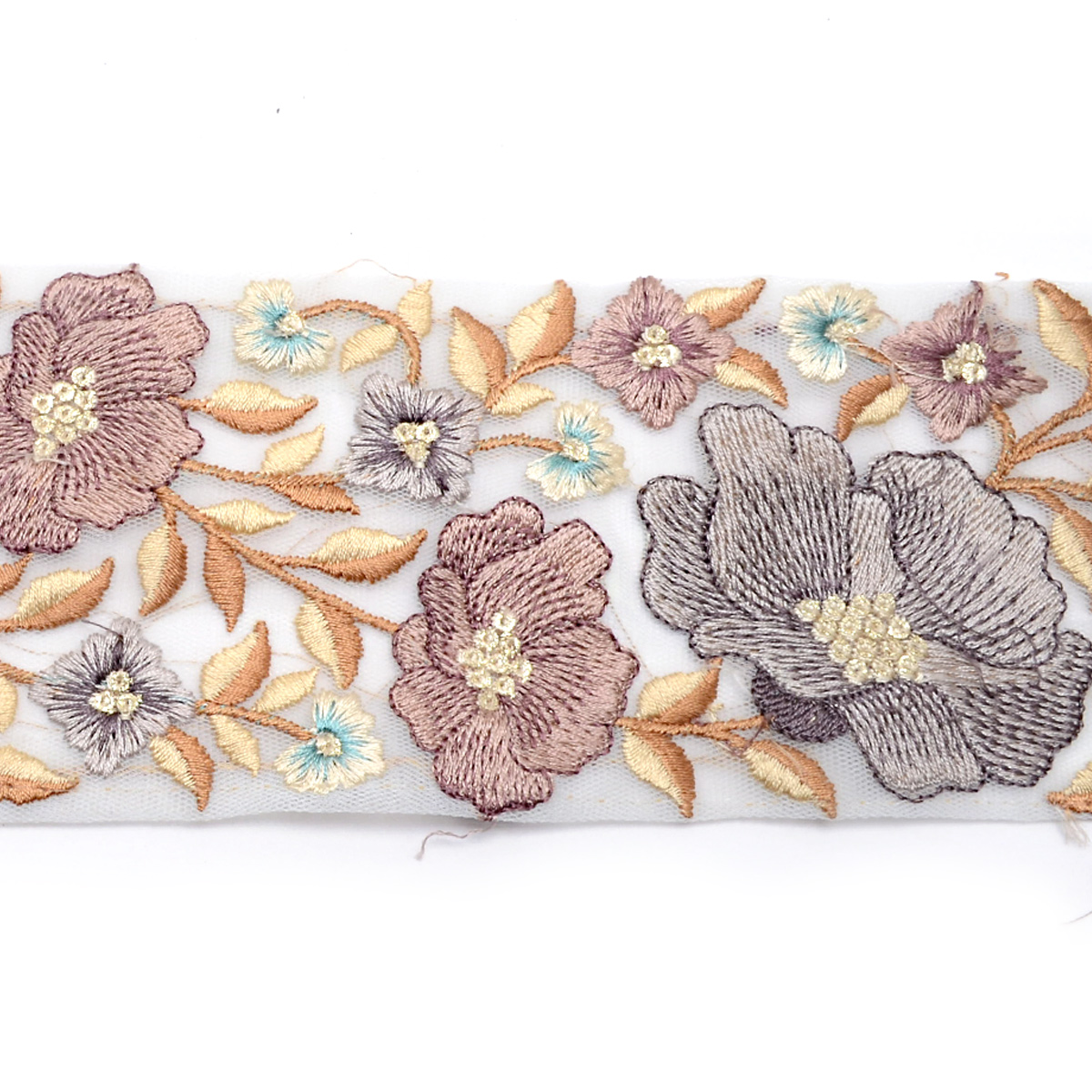 インド刺繍リボン ラメ糸と優雅なお花のシアー刺繍リボン 幅80mm 10cm